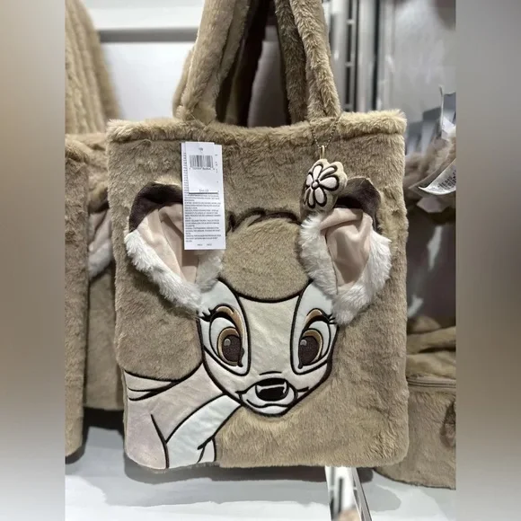 Disney Parks Bag Tote Fuzzy Bambi Print With Magnetic Clasp & Flower Charm NWT - Picture 5 of 5